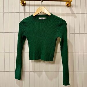 Green Ribbed Knit Long Sleeve Top
